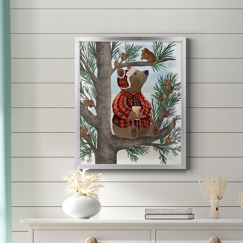 «Lumberjack Bear Pine Tree Coffee Break», toile encadrée de qualité supérieure - prête à être accrochée, Argent