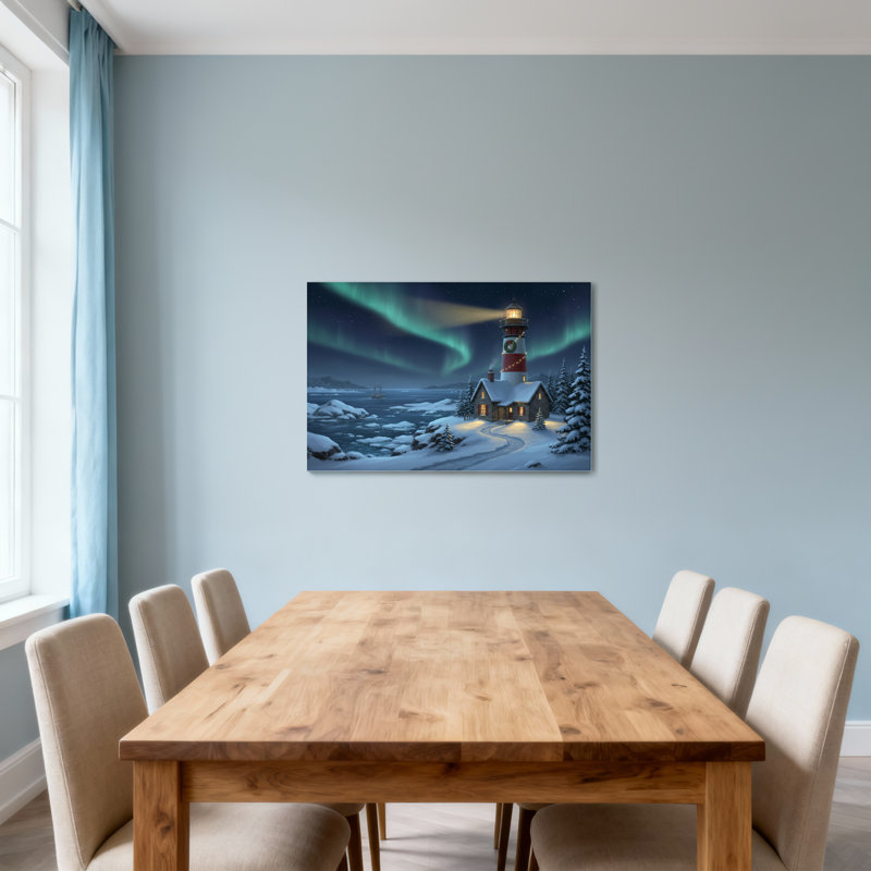 Scène d'hiver de Noël avec phare des aurores boréales, H 12 po x l 18 po
