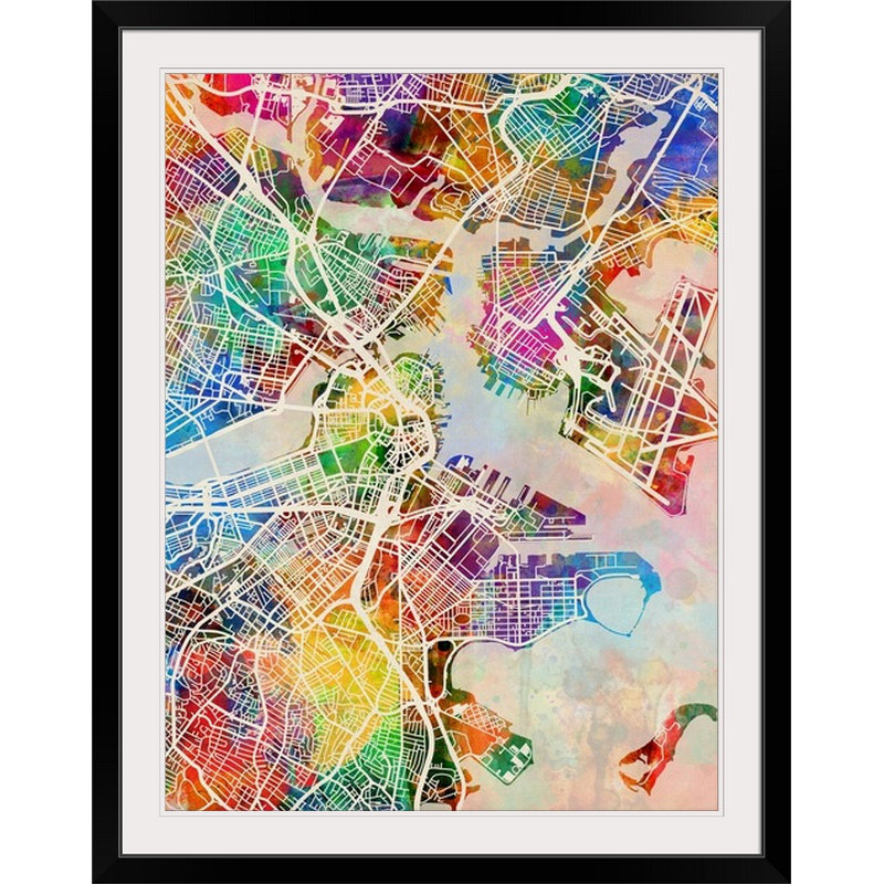 «Boston Massachusetts Street Map» par Francy, impression, Cadre noir, H 24 po x l 20 po x P 1 po