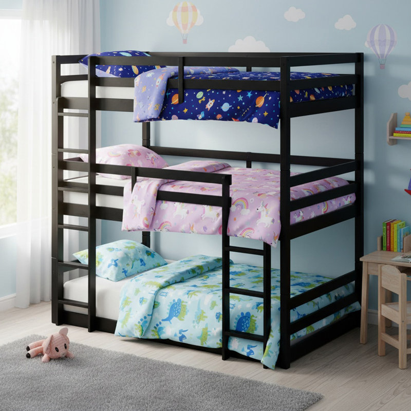 Solid Wood Twin Size Triple Bunk Bed with Ladders, Twin over Twin over Twin Bunk Bed for Boys& Girls, Black