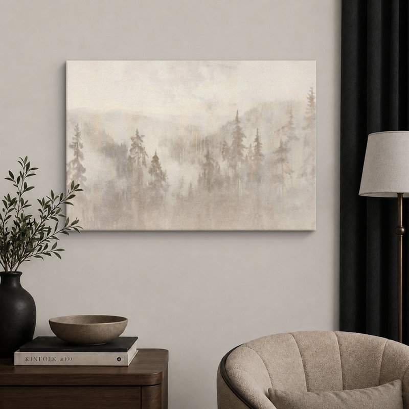 «Woodland Forest Landscape Misty Forest Soft Neutral Landscape Illustration Modern Large Large Canvas Art, art mural»