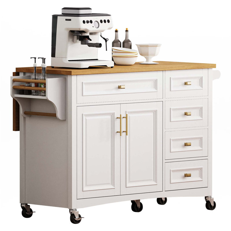 52'' Kitchen Island With Drop Leaf, Wheels,Spice Rack, Towel Rack,Adjustable Shelf, White