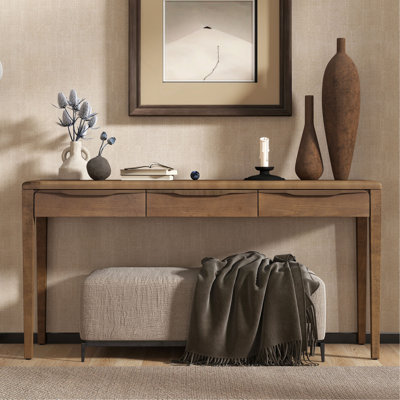 Console élégante de 59,84 po avec placage de chêne, table d'entrée de luxe légère à 3 tiroirs, canapé de style campagnard avec un coin doux, convient au salon, au vestibule et au couloir