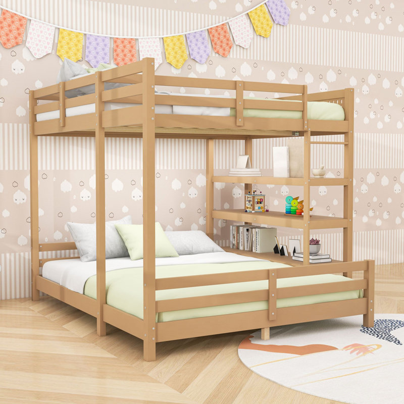 Wood L-Shaped Bunk Beds with Integrated Storage Shelves and Side DIY Grid Pegboard, Brown