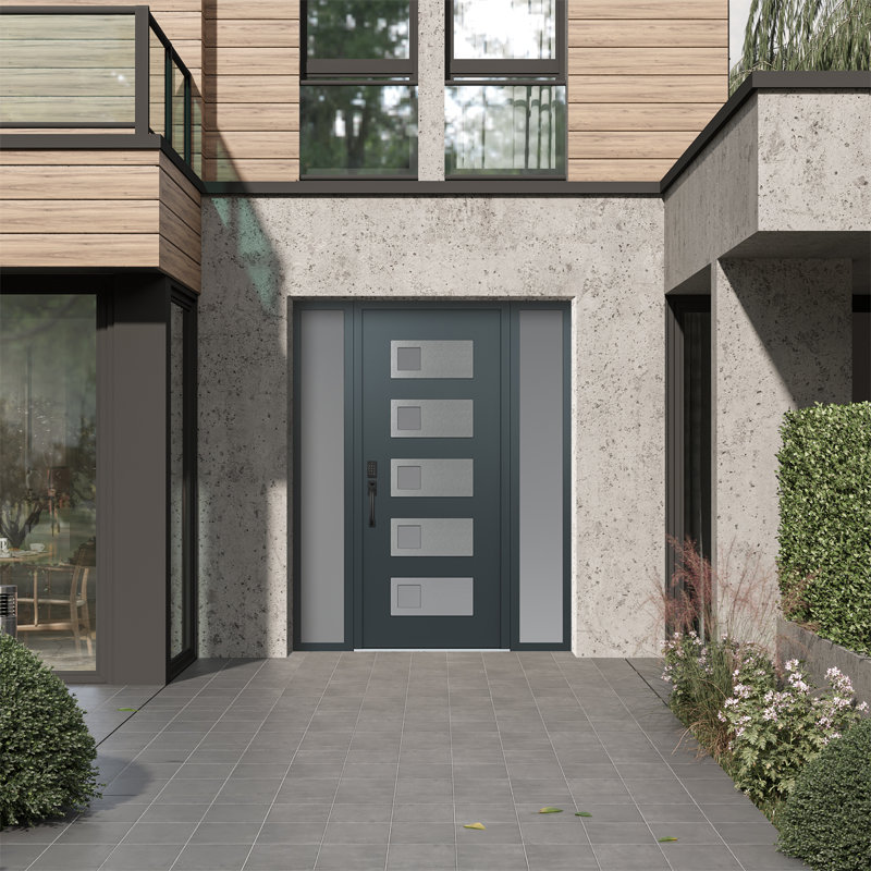 D2 60 po. X 80 po Panneau d'entrée en acier argenté anthracite et verre givré anthracite avec 2 portes avant en verre givré