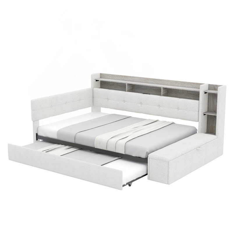 Lit de jour double rembourré avec repose-pieds de rangement, tablettes, lit gigogne, charge USB et lumière DEL, Full, Beige