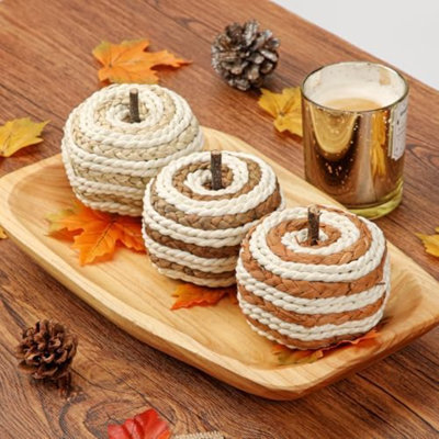 Fall Pumpkin Decor 3 PCS Faux Pumpkins Small Rattan Pumpkins For Decorating Foam Woven Fall Artificial Pumpkin Braided Handmade Rustic Farmhouse Home Table Decor Harvest Autumn Halloween