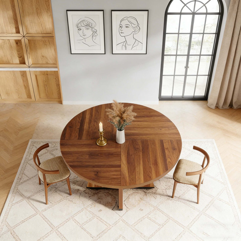 Wooden Round Dining Table Farmhouse Kitchen Dinner Table for 4, Retro Brown