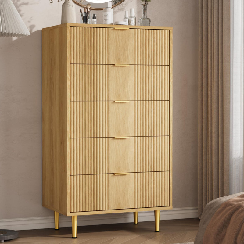 44.3" Tall Fluted 5 Drawer Dresser with Metal Handles, Modern Wood Storage Chest, Natural