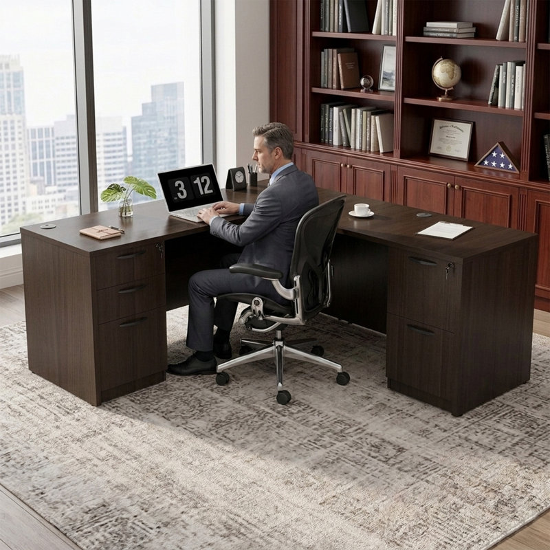  66.93'' L-Shaped Executive Desk with Cabinets, Espresso