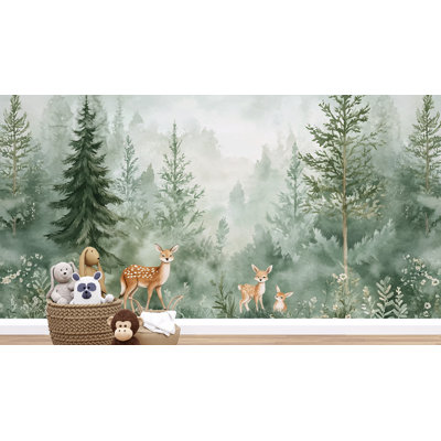 Papier peint forêt verte avec cerf brumeux - aquarelle murale animaux des bois