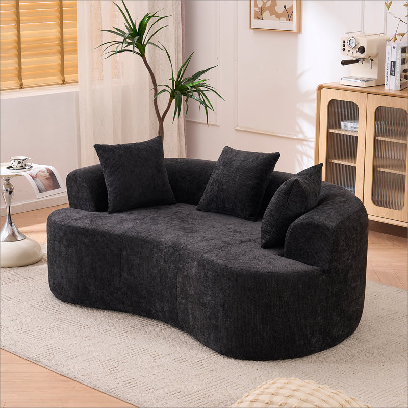 Canapé en forme de croissant, conception moderne à dossier bas avec coussins profonds, comprenant un canapé à trois places rempli de mousse qui ne nécessite aucun assemblage. (Tissu chenille noir)