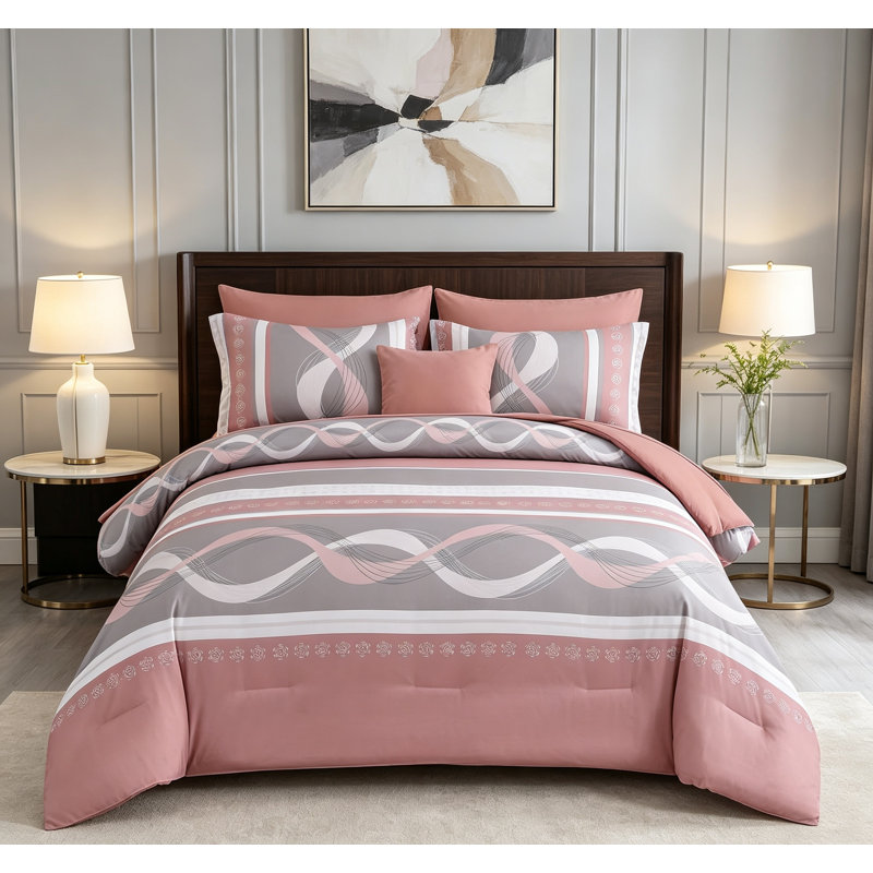 Ensemble de couette rose King 8 pièces à rayures, livré dans un sac