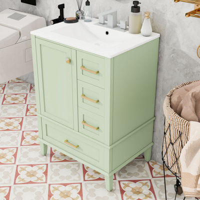 Meuble-lavabo en bois avec lavabo en céramique, 3 tiroirs et porte
