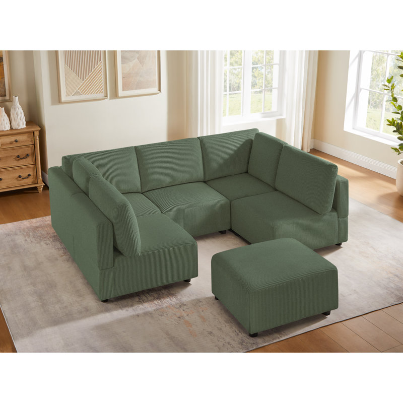 Canapé modulaire rembourré 6 pièces avec repose-pieds Corduroy, Velours côtelé vert