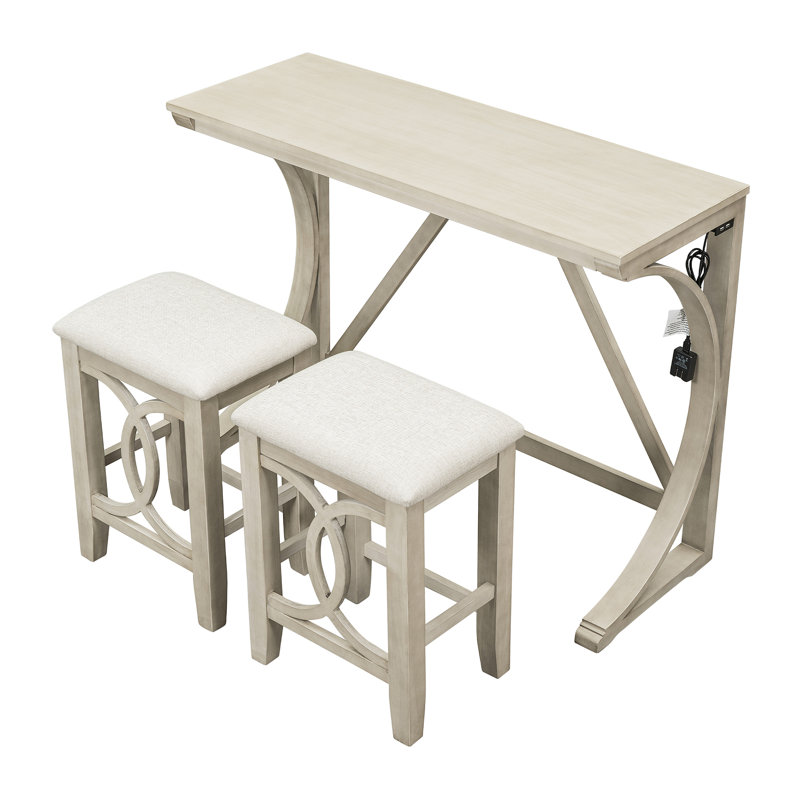 Ensemble de table de salle à manger 3 pièces à hauteur de comptoir avec port USB et tabourets rembourrés, Crème, Crème, Crème