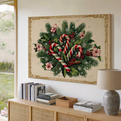 Toile, une scène de vacances rétro mettant en vedette trois cannes de bonbon au design complexe avec des rayures rouges et blanches nichées parmi des toiles luxuriantes