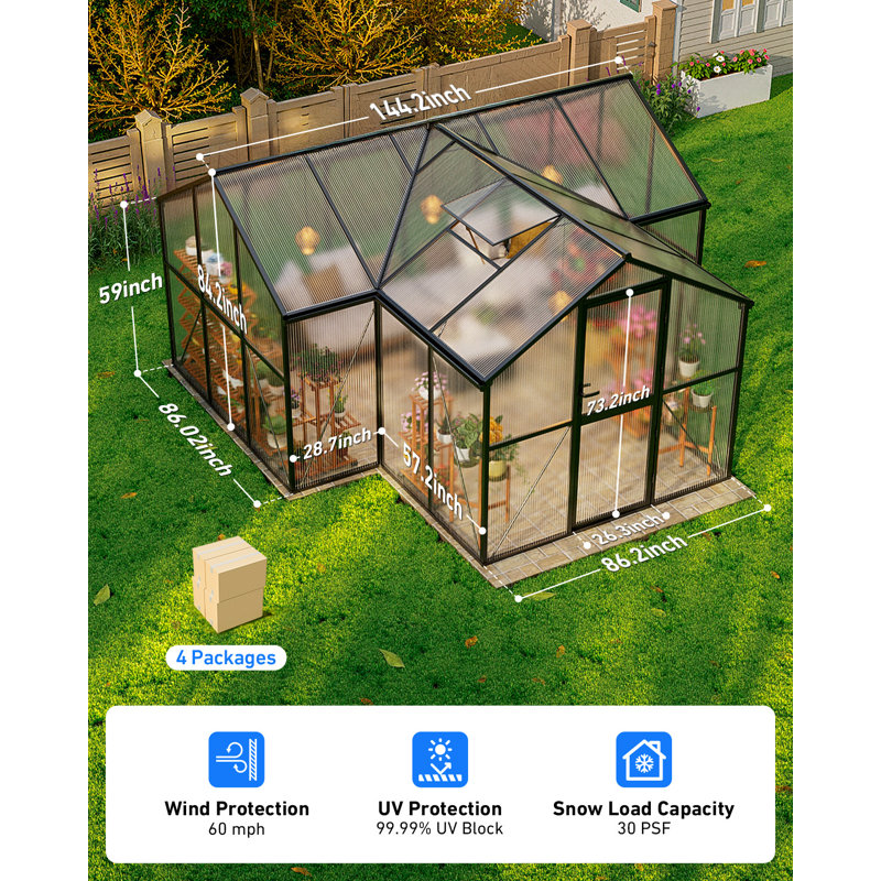T-shape Greenhouses, Polycarbonate Green House With Uv Protection, Heavy Duty Greenhouse With Windproof Aluminum Frame, Roof Vent & Quick-install Design For Backyard Or Garden Use