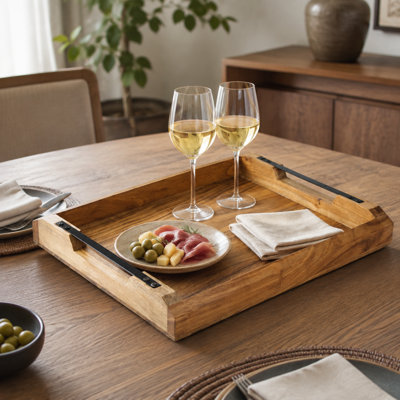 16" x 13" Handcrafted Rectangular Acacia Wood Serving Tray, Natural