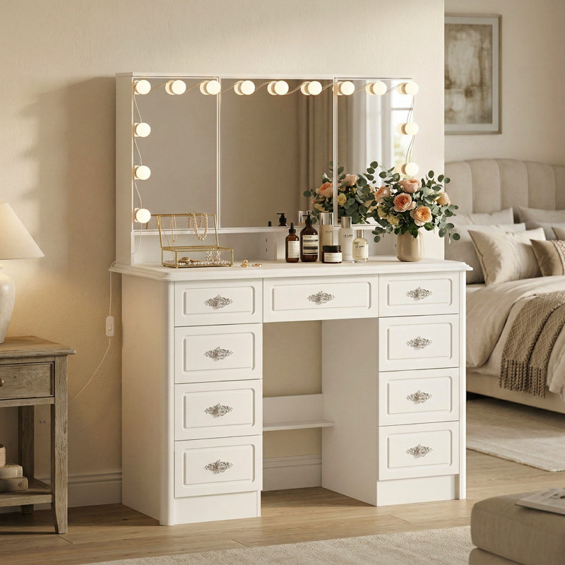 Bureau de coiffeuse Aurey avec miroir pliable et lumières réglables