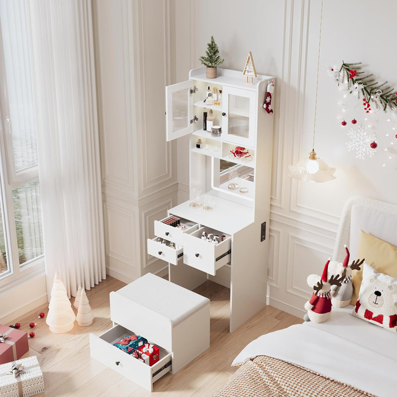 Vanity Desk with Mirror & Lights, Makeup Table with USB Ports & Storage for Bedroom, White
