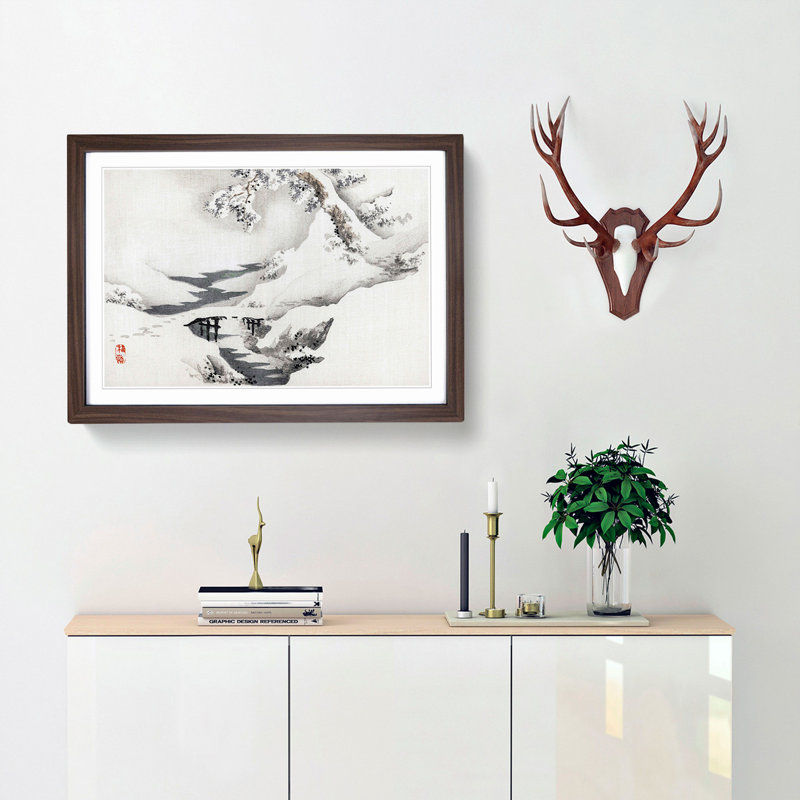 Snow Covered Bridge and Tree by Kono Bairei - Picture Frame Painting Print, 62cm H x 87cm W x 2cm D, Walnut Framed
