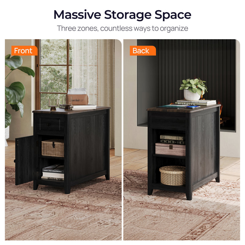 End Table With Storage Charging Station Hidden Usb Ports And Outlet, Black