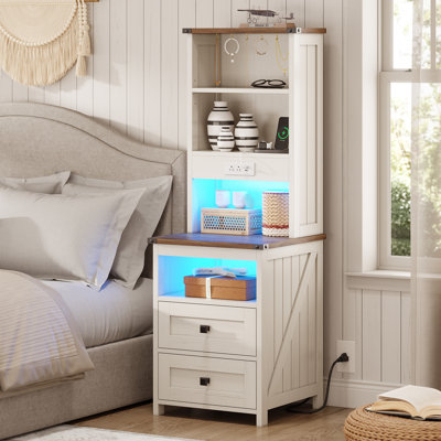 2 Drawers- 51.6'' Farmhouse Tall LED Nightstand with Charging Station, Bookshelf & 6 Hooks, RGB Lighting Bedside Table for Bedroom