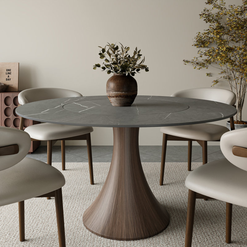 Innovative Built-In 360° Lazy Susan Luxurious Round Dining Table Kitchen Table, 29.52"H x 53.15"L x 53.15"W, Light Gray