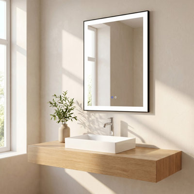 Desia Miroir de Salle de Bain DEL 30 po x 29,5 po avec Cadre d'Aluminium Noir Mat - Miroir Intelligent Anti-Buée Câblé avec Lueur de Bordure Givrée, Contrôle de Gradation et Rétroéclairage 6000K