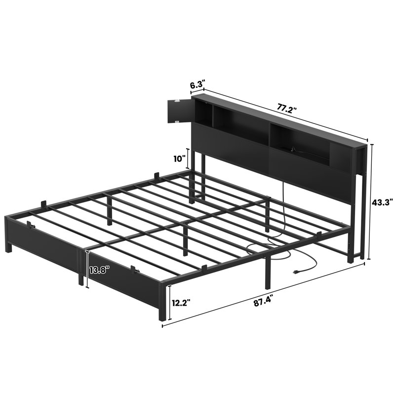 Metal Bed Frame With Headboard,2 Cabinets With Doors, LED Lights And USB Ports, Large Storage Space, King, Black