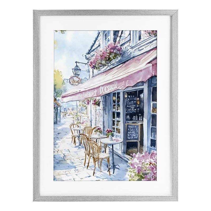 «Quaint Cafe in Pastel», reproduction encadrée sous verre, design par LSR Creative Studio, Cadre de ferme gris