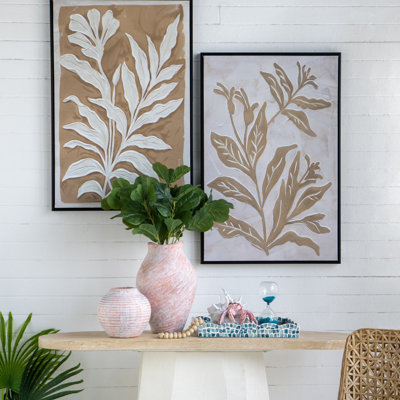 Ensemble 2 pièces d'art mural feuille minimaliste, peintures brunes et blanches avec cadre noir