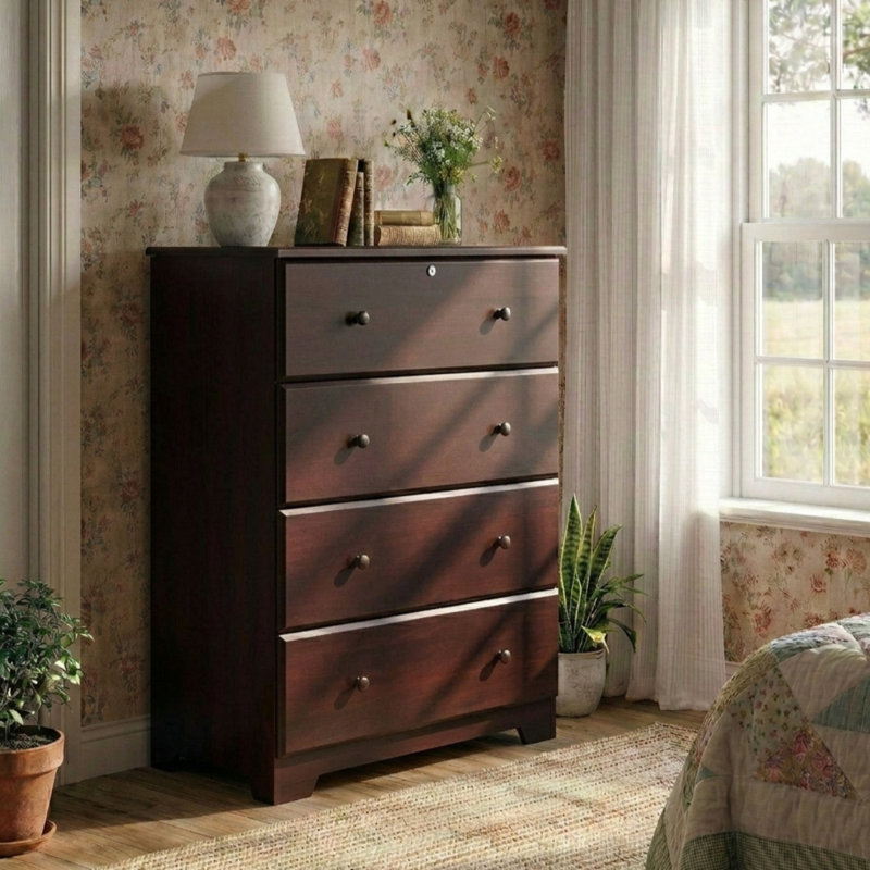 Commode 4 tiroirs en bois massif Raiqa, Acajou