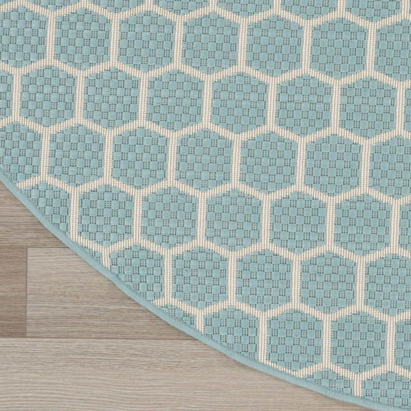 Kyee Geometric Reversible Indoor / Outdoor Area Rug in Aqua, Round 8'