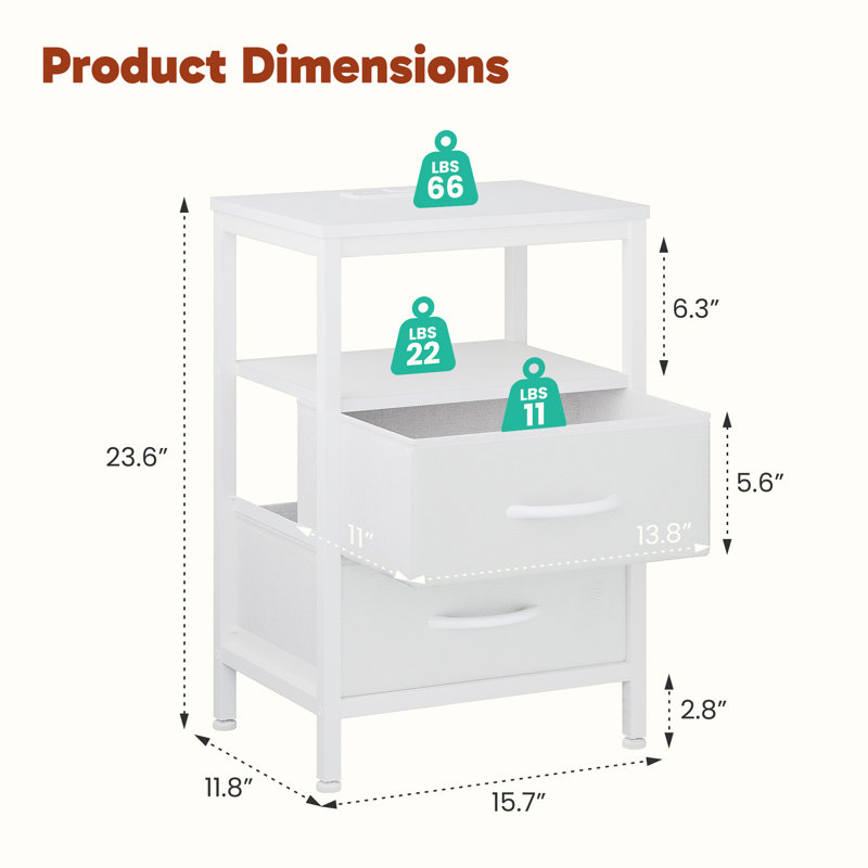 Nightstand with Charging Station and 2 Fabric Drawers, Bedside Table with USB Ports and Outlets, End Table with Open Shelf, 2