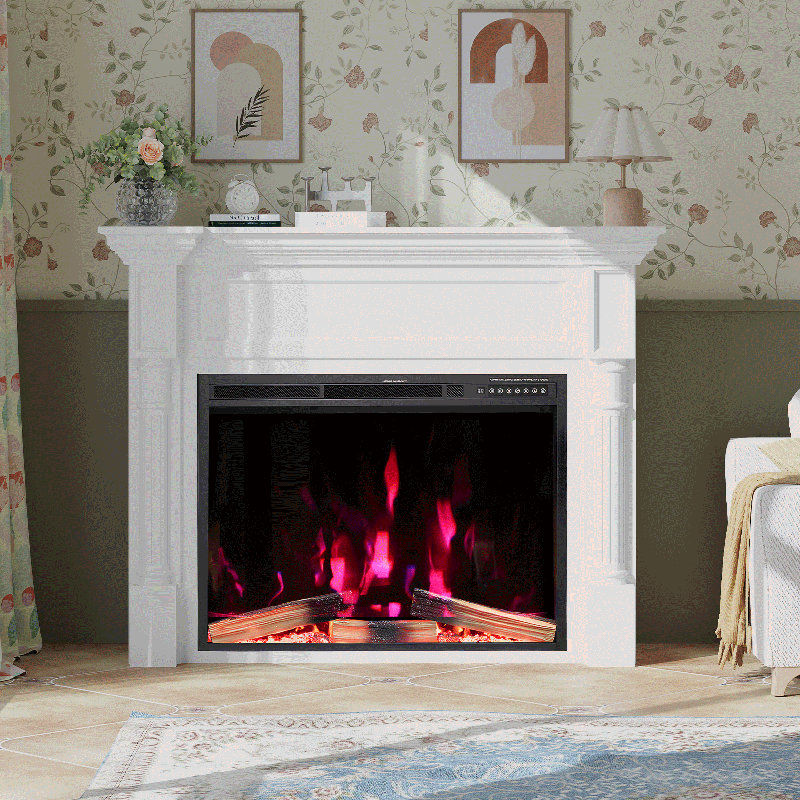 Meuble télé 55 po pour foyer électrique avec télécommande, flamme réglable et minuterie 1-8H, Blanc