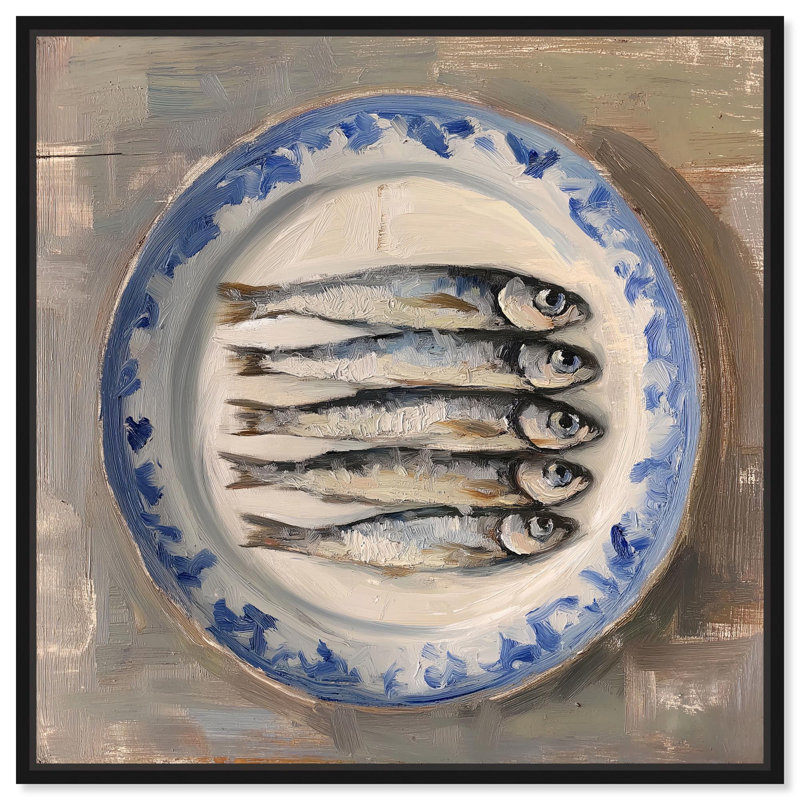 «Sardines Still Life» par Art Remedy, H 13 po x l 13 po, Noir, Cadre flottant
