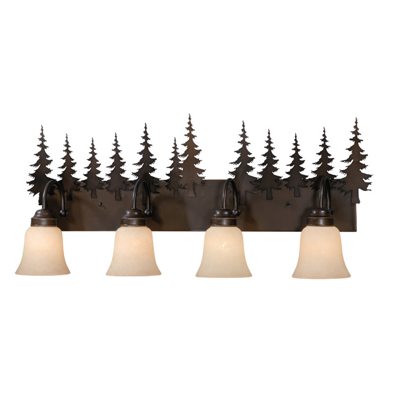 Homar 4-Light 33 inch Wide Burnished Bronze Rustic Cabin Bathroom Vanity Lighting Fixture, Amber Flake Glass Shade, Tree Motif, Dimmable, LED Compatible, Over the Mirror Wall Mounted Sconce