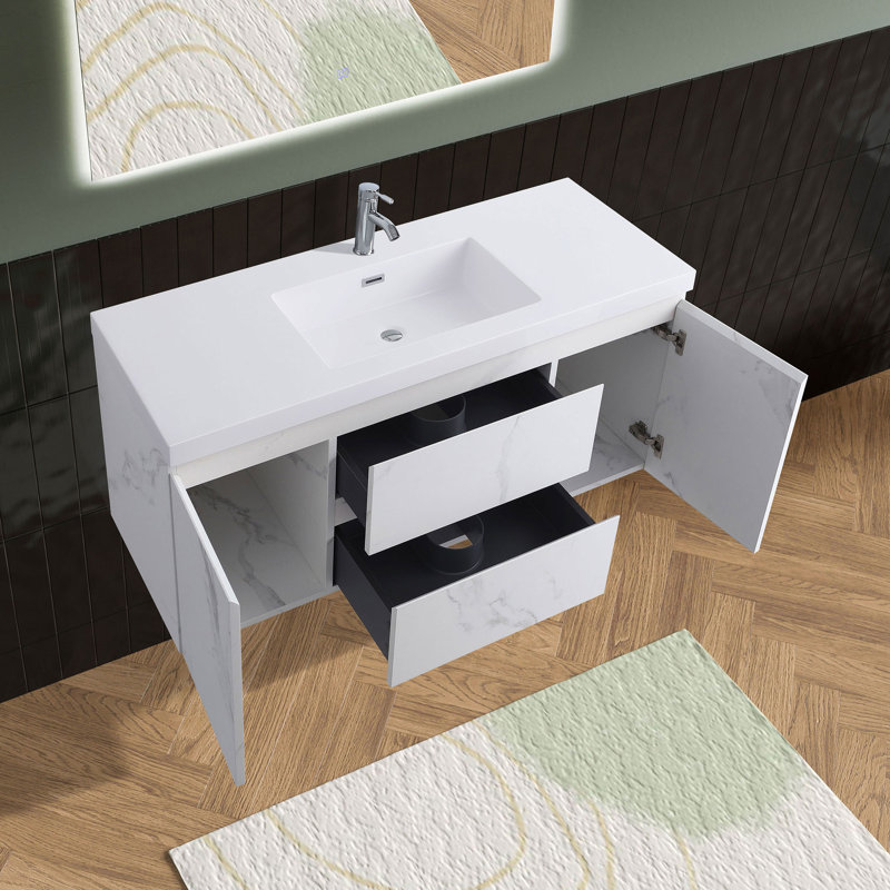 48" Modern Floating Bathroom Vanity with Integrated Sink with Overflow, Carrara Marble Laminate, White