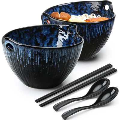 Ramen Bowl With Chopsticks And Spoons Set, 7 Inch Ceramic Noodle Bowl Set Of 2, Dishwasher Safe For Pho Udon Soba Noodle Salad Pasta, Special Reactive Glazed Navy Bowls Set