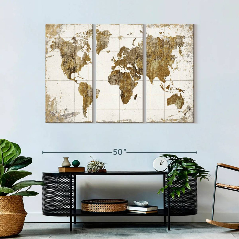Ensemble de 3 pièces de carte du monde grunge sur toile, H 32 po x l 50 po x P 1,25 po