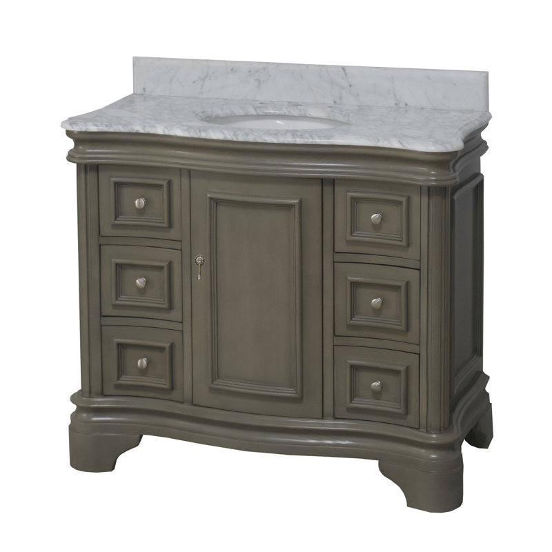 Ensemble de meuble-lavabo simple 42 po Amorim avec comptoir gris vieilli et comptoir en marbre de Carrare, Gris patiné