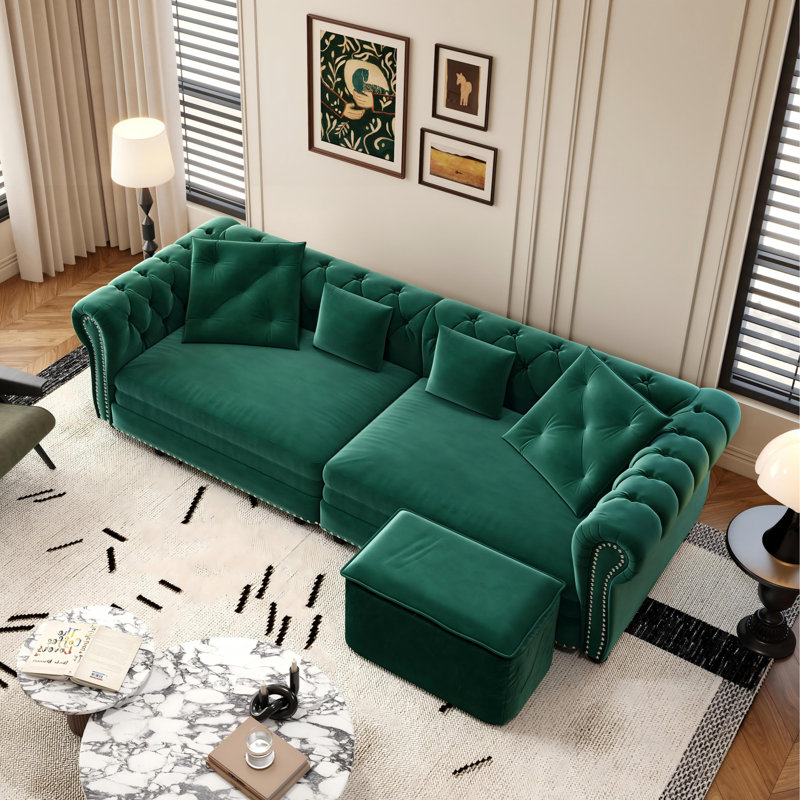 89" Velvet Sleeper Sofa Bed, Pull-out Convertible Couch Bed, Upholstered Chesterfield Sofa Bed with 4 Pillows, Green, Green