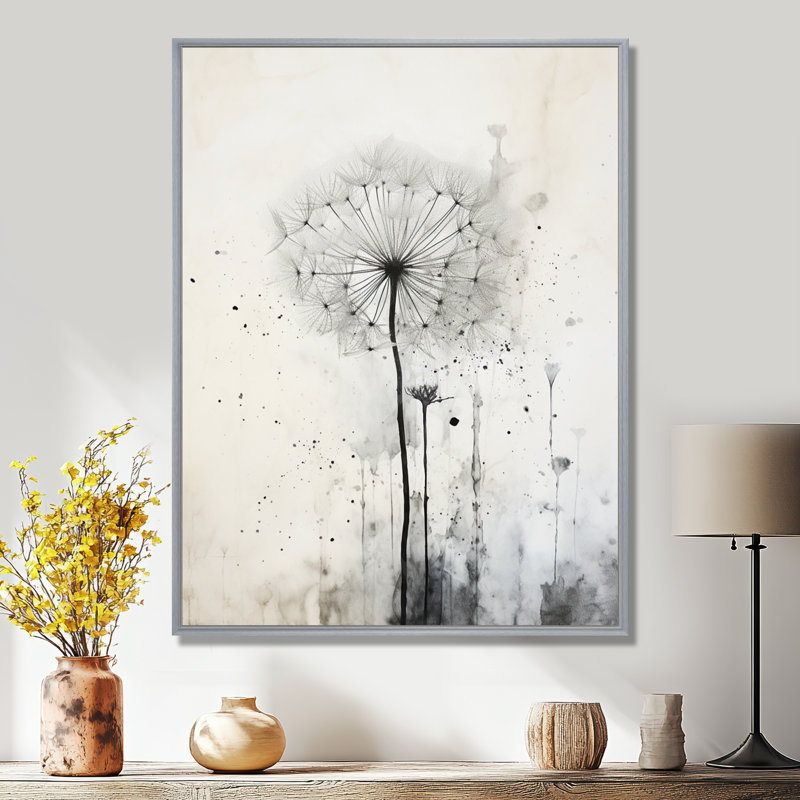 Dandelion Mute Tone I - Pissenlit, art mural, H 40 po x l 30 po x P 1,5 po, Cadre argenté flottant