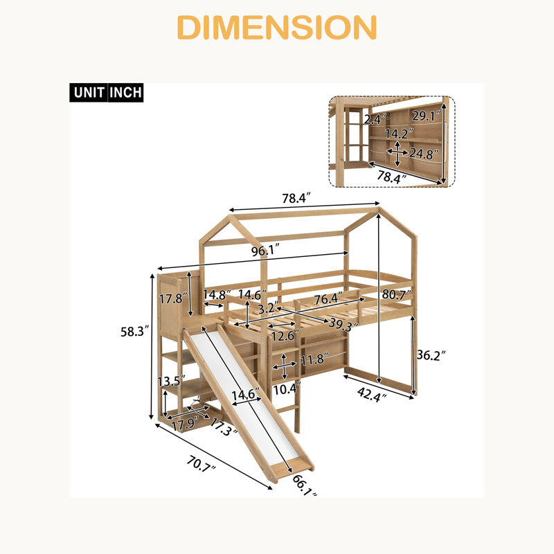 Lit mezzanine simple en bois avec glissoire, tablettes de rangement et lumière, Bois