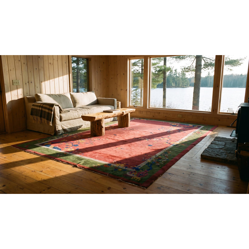 Grand tapis corail / saumon rose antique noué à la main des années 1920