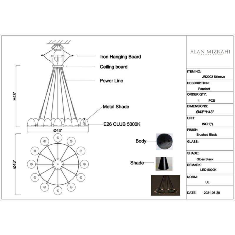 Lustre Stilnovo clair, Bronze, 43” Diameter x 43” Height