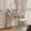Bureau de coiffeuse de luxe avec miroir rond, hauteur réglable, ensemble de coiffeuse, 4 tiroirs et tabouret, argent