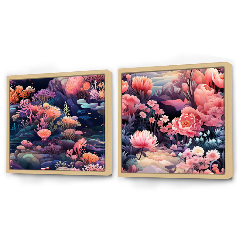 Rosenbaum - Ensemble de 2 collages carrés botaniques abstraits, Cadre flottant brun, H 30 po x l 61 po
